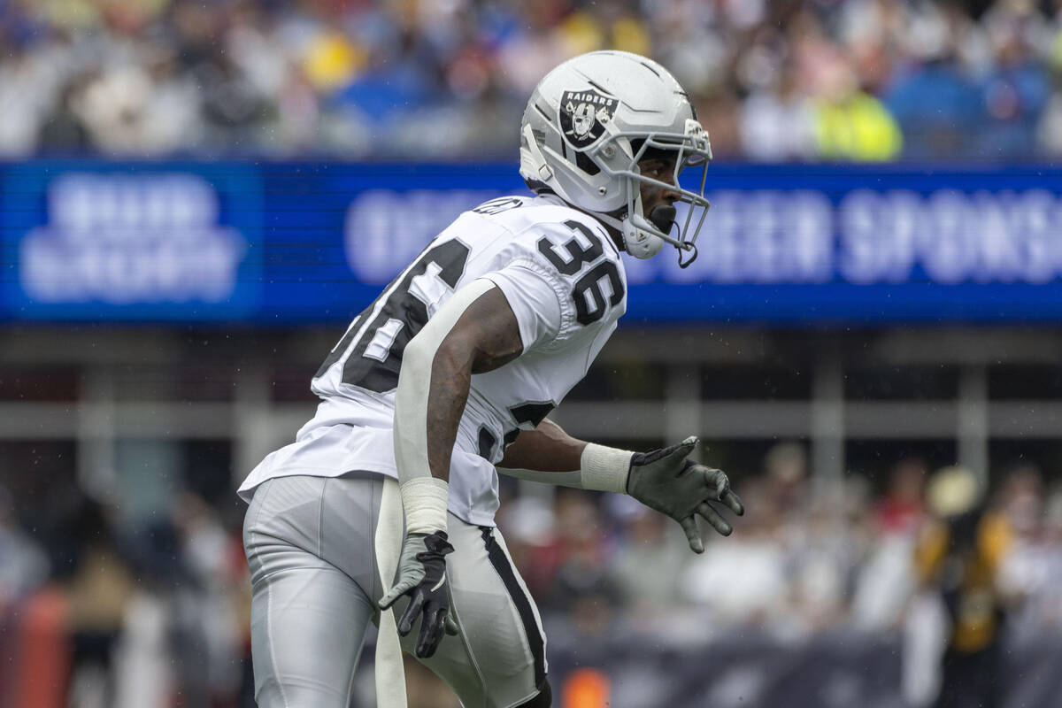 Raiders cornerback Kyu Blu Kelly (36) prepares to defend against the New England Patriots durin ...