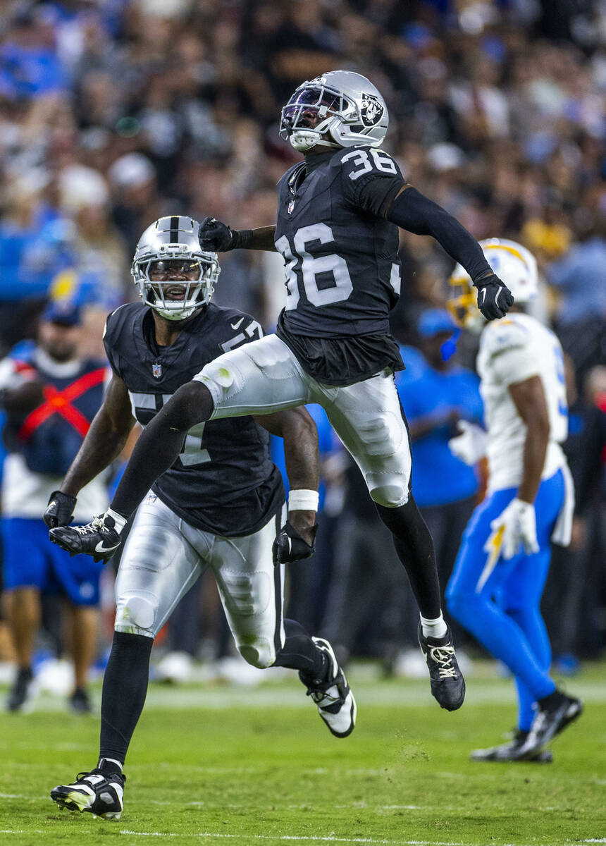 Raiders cornerback Kyu Blu Kelly (36) celebrates a 4th down stop on Los Angeles Chargers wide r ...
