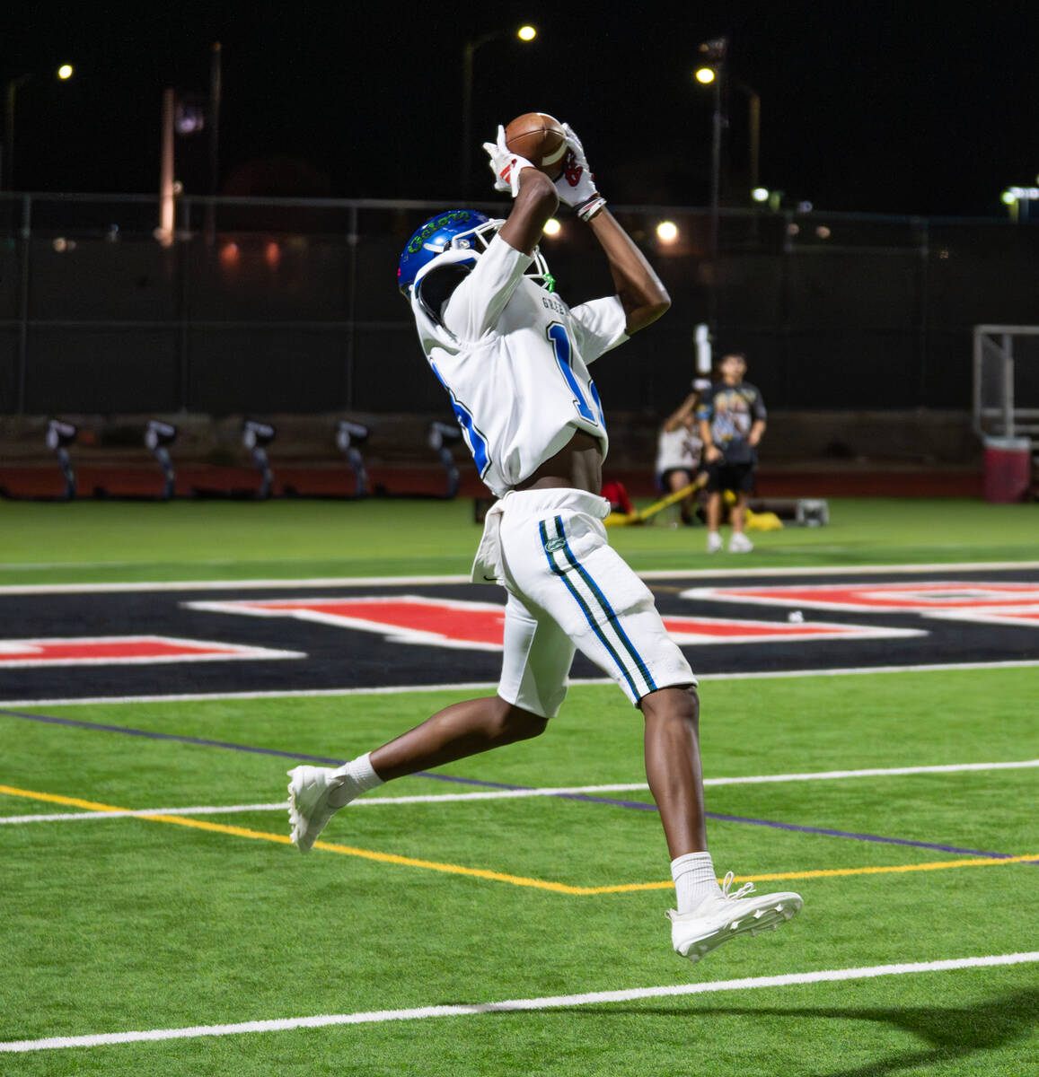 Green Valley’s WR/DB Ty Williams (18) catches the ball near the end zone during a football g ...