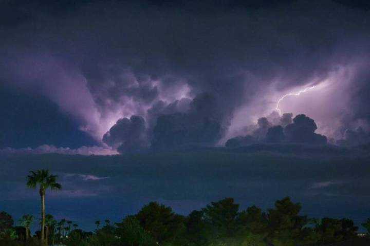 Lightning is seen over northwest Las Vegas on Friday, Sep. 6, 2025. (Liv Paggiarino/Las Vegas R ...