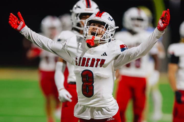 Liberty wide receiver Kellen Iwamuro reacts to a call by a referee during a high school footbal ...