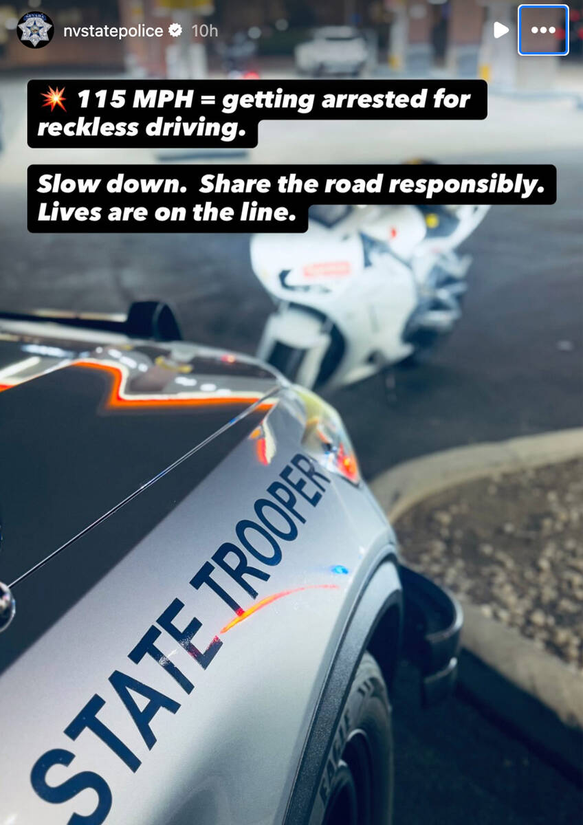 A photo posted by Nevada State Police on Instagram about reckless driving on Saturday, Sep. 27, ...