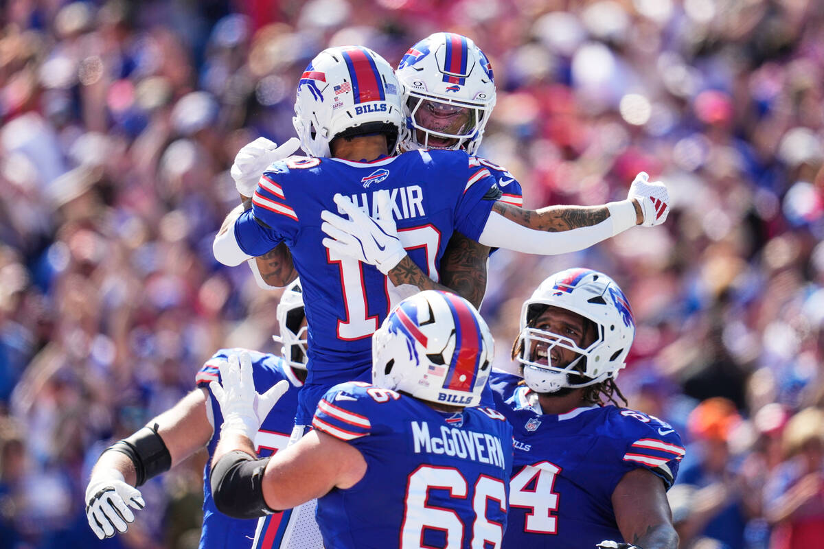 Buffalo Bills wide receiver Khalil Shakir (10) celebrates his touchdown against the New Orleans ...
