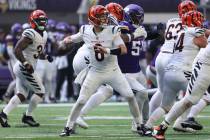 Cincinnati Bengals quarterback Jake Browning (6) throws the ball against the Minnesota Vikings ...