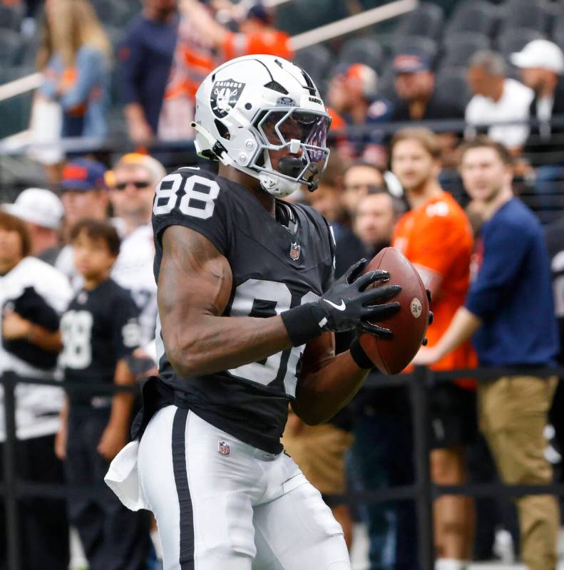 Raiders tight end Justin Shorter (88) catches the ball during a warm up prior to an NFL footbal ...