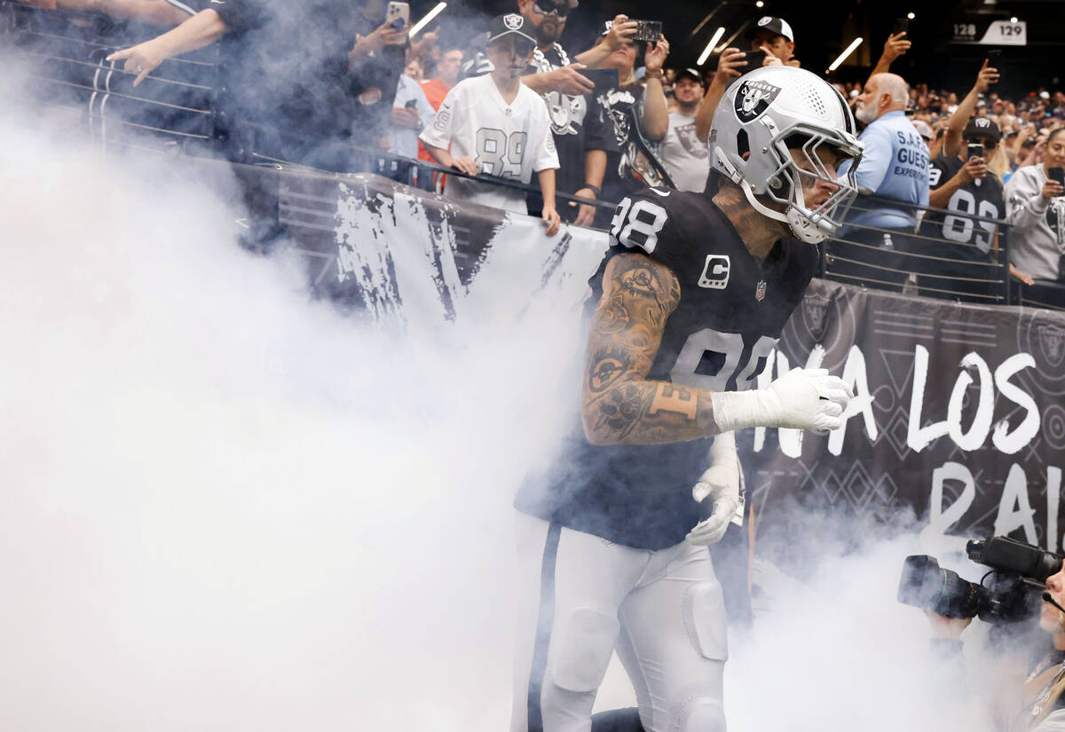 Raiders defensive end Maxx Crosby (98) takes the field to face Chicago Bears during an NFL foot ...