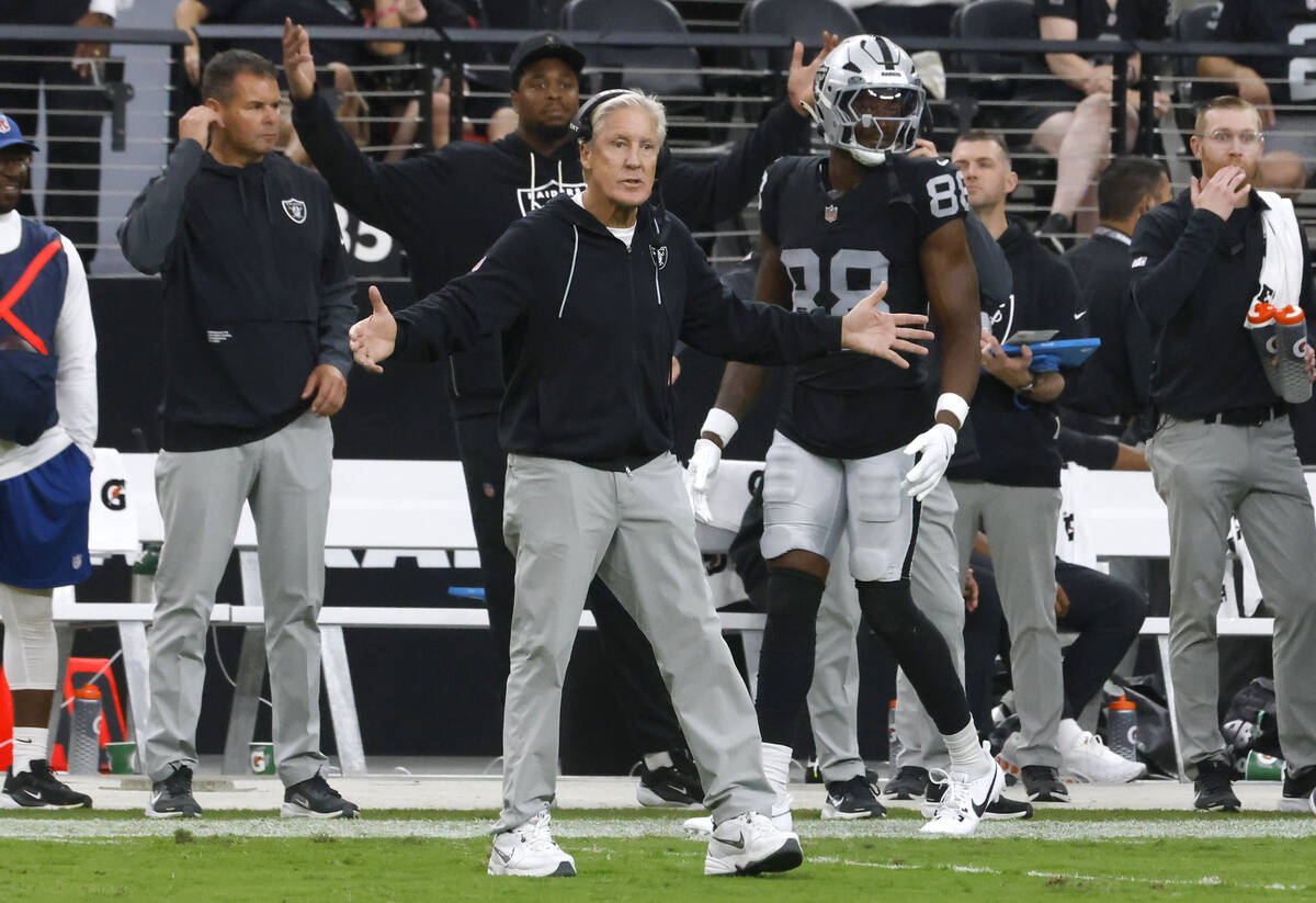 Raiders head coach Pete Carrol reacts for officials call during the second half of an NFL game ...