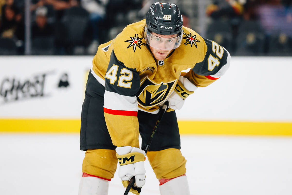 Golden Knights right wing Braeden Bowman (42) waits for the puck to drop during a preseason NHL ...