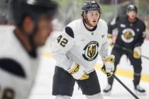 Golden Knights right wing Braeden Bowman (42) participates in drills during practice at City Na ...