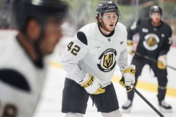 Golden Knights right wing Braeden Bowman (42) participates in drills during practice at City Na ...