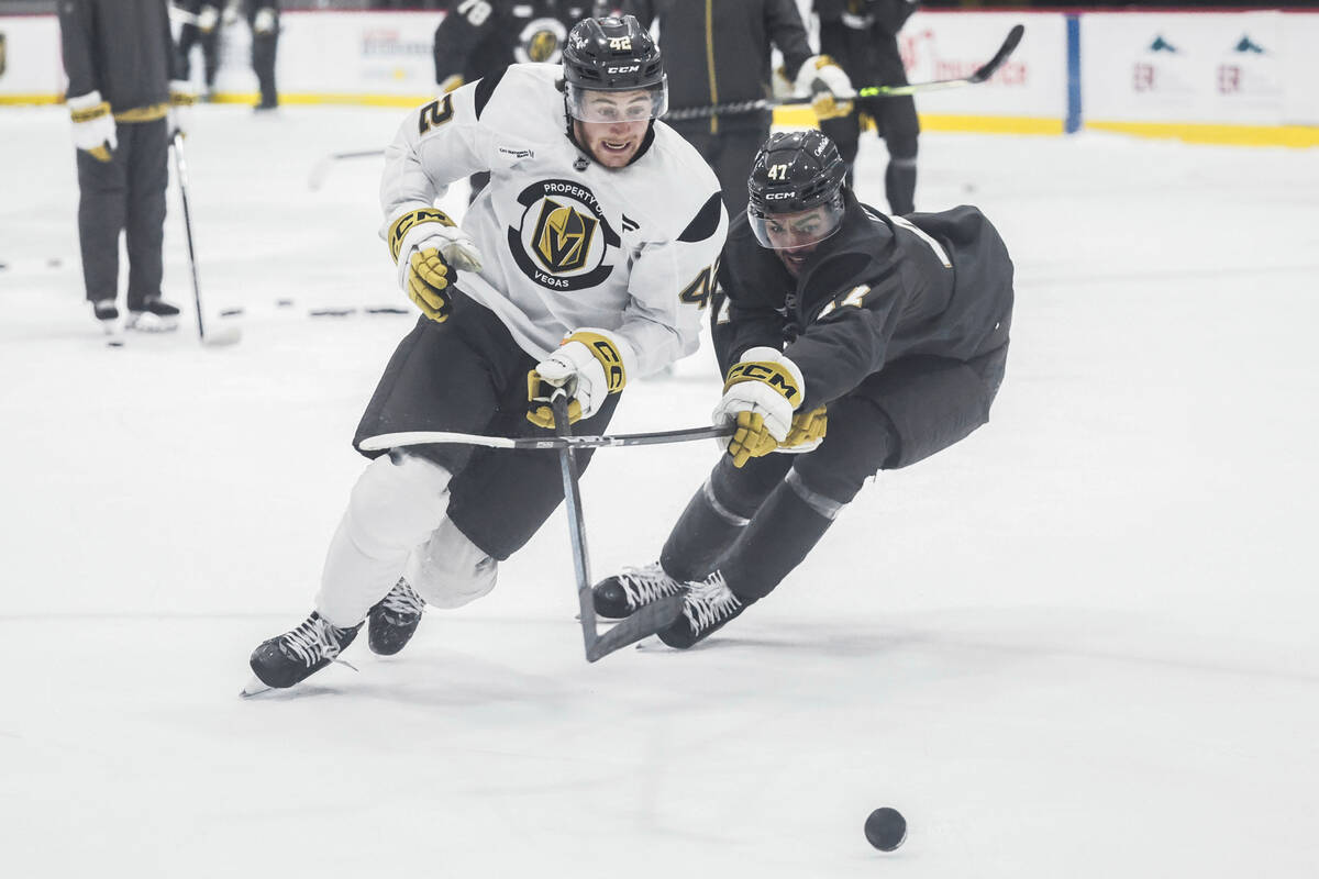 Golden Knights right wing Braeden Bowman (42) competes for a puck during practice at City Natio ...