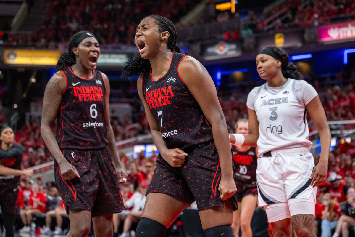 Indiana Fever forward Aliyah Boston (7) reacts after being fouled during the second half of Gam ...