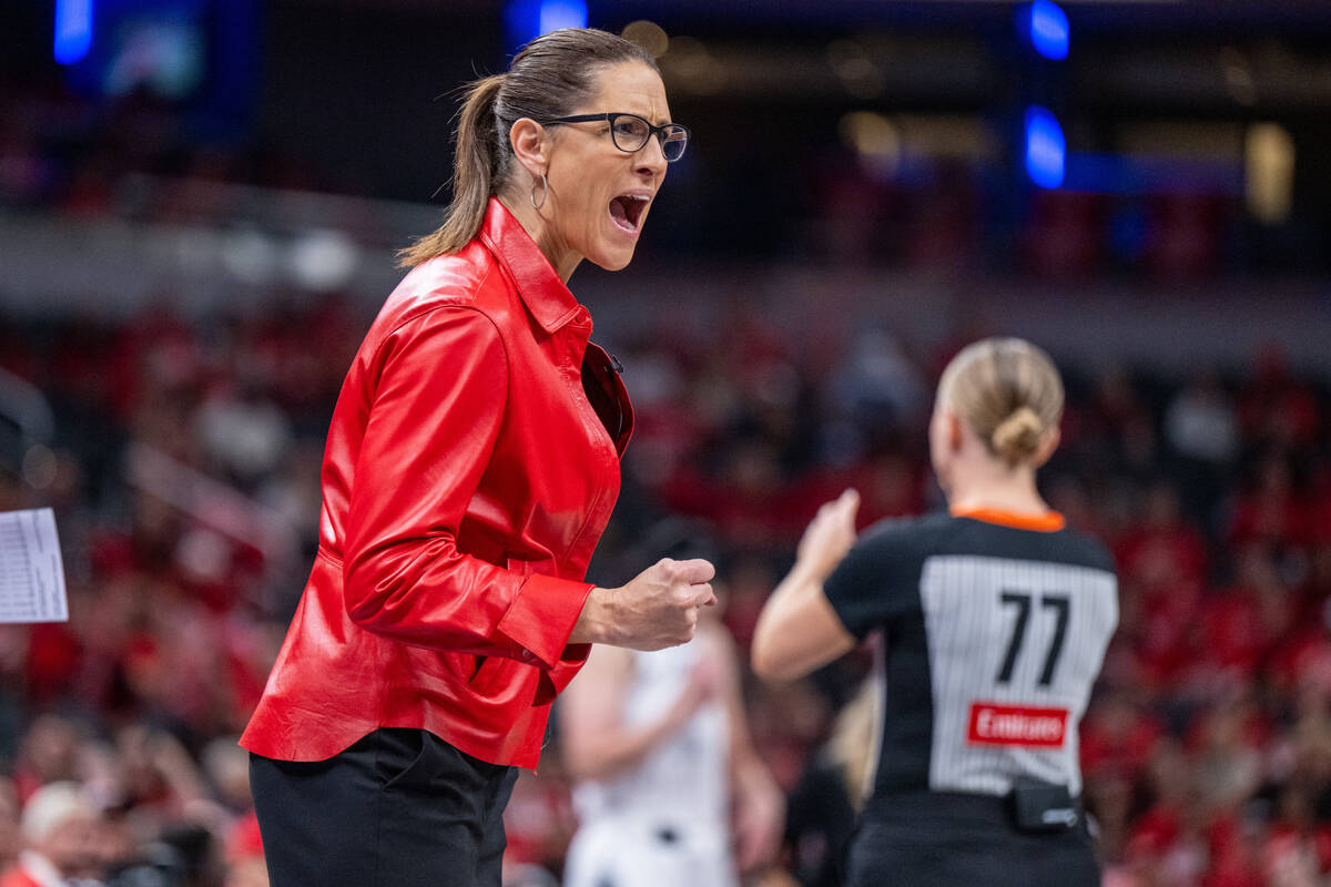 Indiana Fever head coach Stephanie White reacts during the second half of Game 4 of a WNBA bask ...