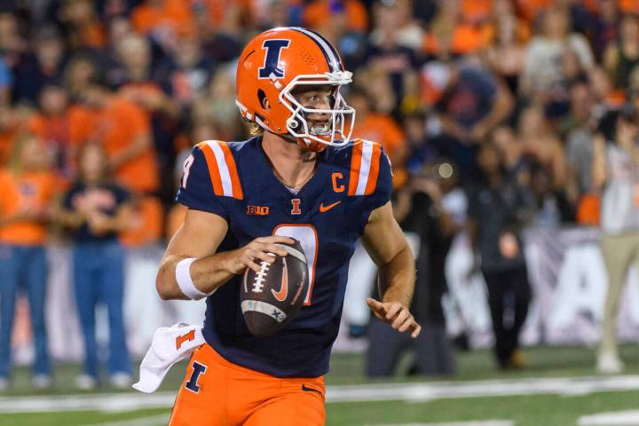 Illinois quarterback Luke Altmyer (9) looks to pass during the second half of an NCAA college f ...