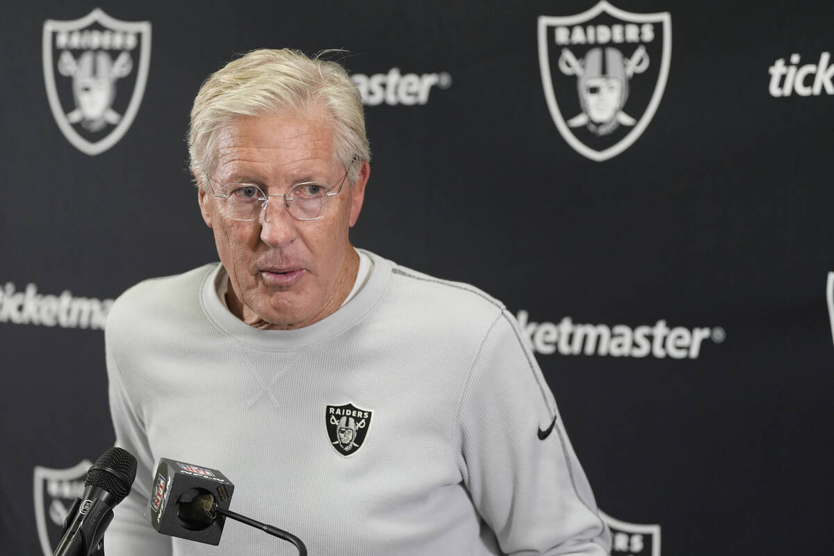 Las Vegas Raiders Pete Carroll speaks during a news conference after an NFL football game again ...