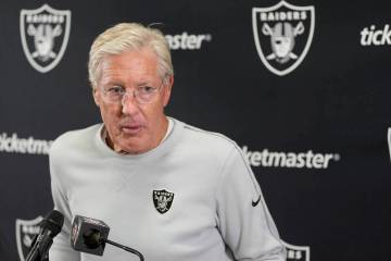 Las Vegas Raiders Pete Carroll speaks during a news conference after an NFL football game again ...