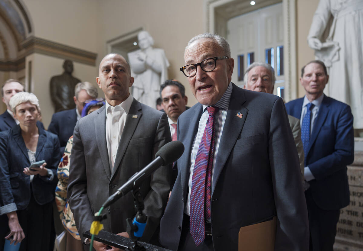 House Minority Leader Hakeem Jeffries, D-N.Y., left, and Senate Minority Leader Chuck Schumer, ...