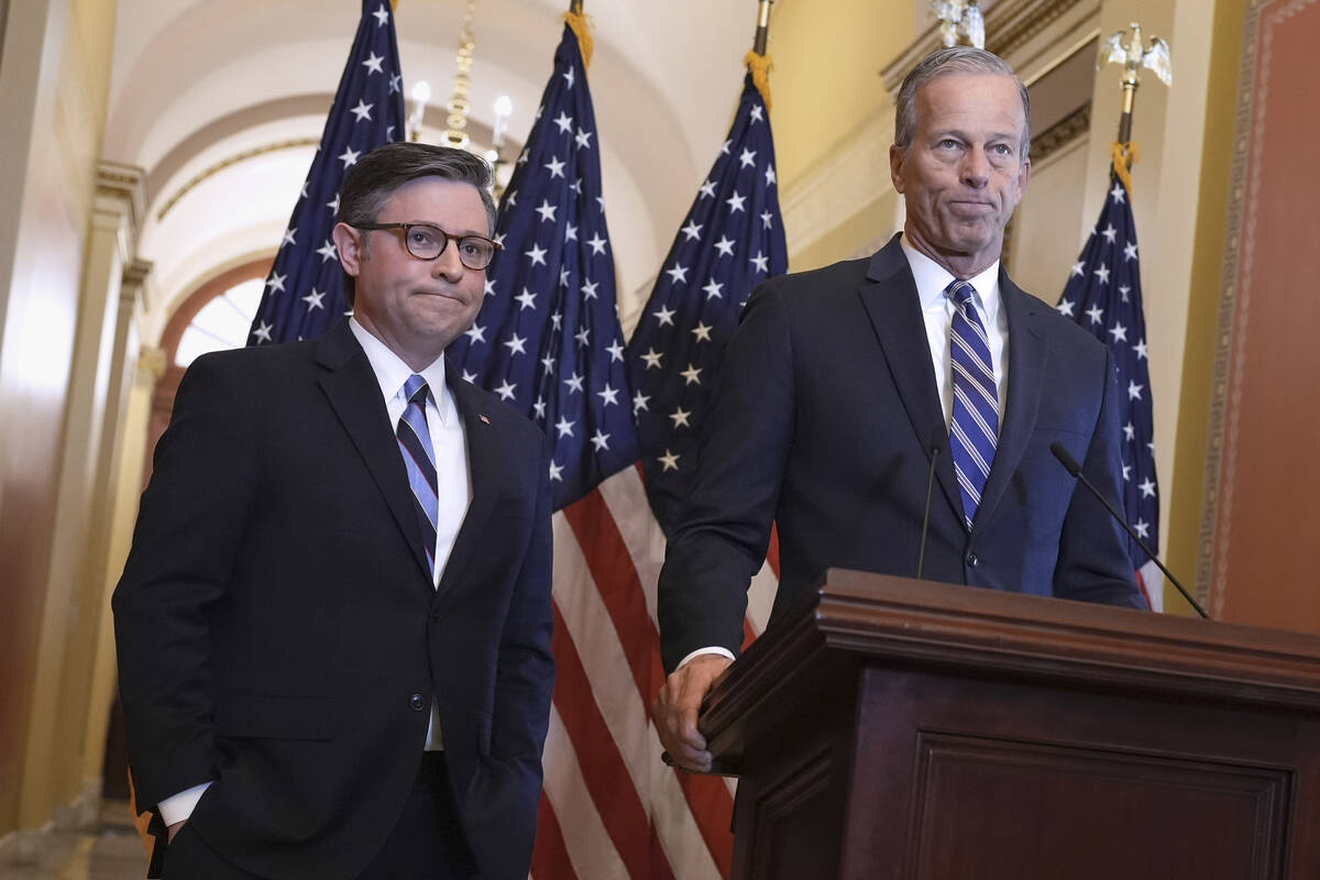 In a show of Republican unity, Speaker of the House Mike Johnson, R-La., left, and Senate Major ...