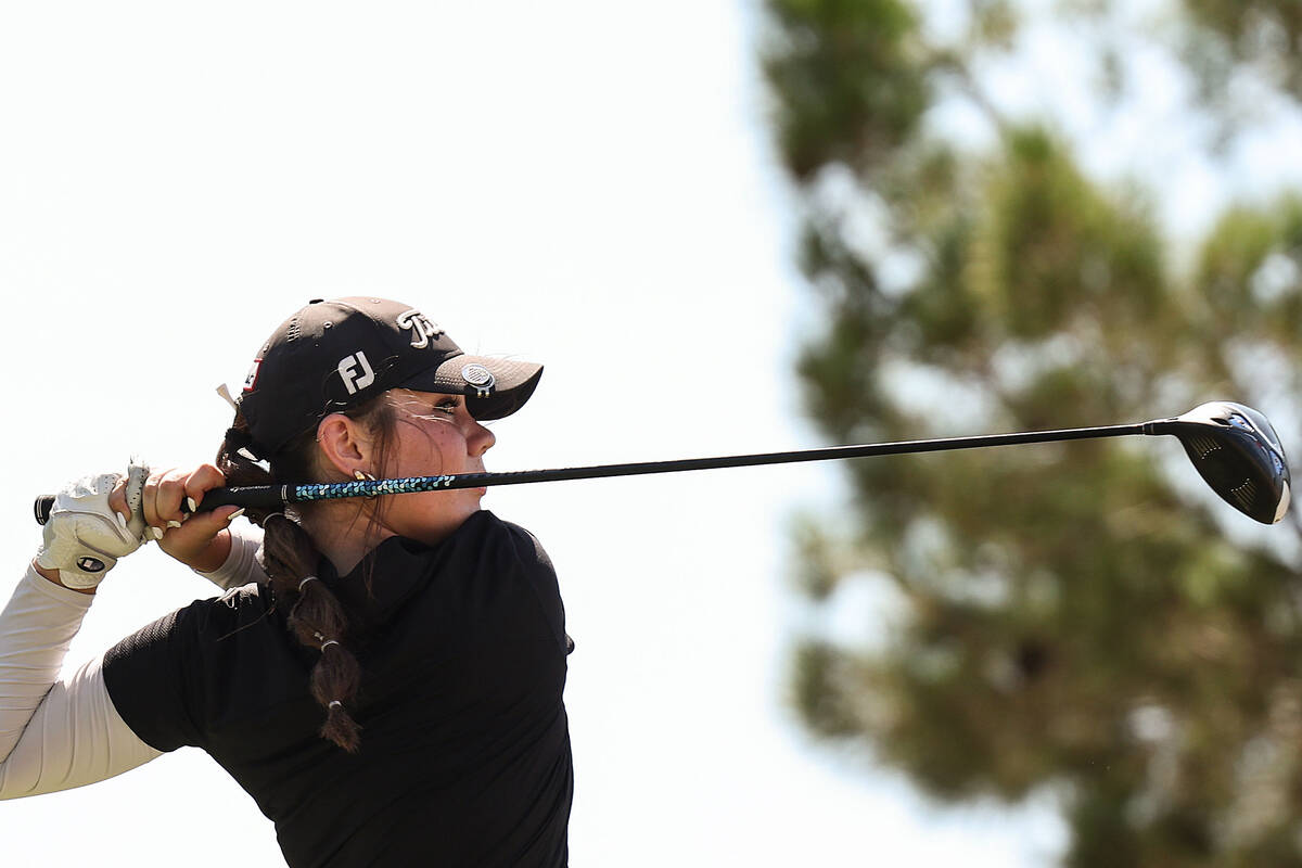 Faith Lutheran’s Maddie Perez tees off during Class 5A girls golf Mountain League match play ...