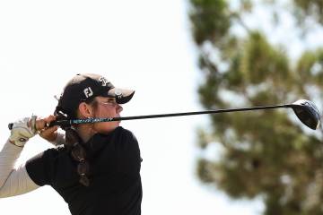 Faith Lutheran’s Maddie Perez tees off during Class 5A girls golf Mountain League match play ...