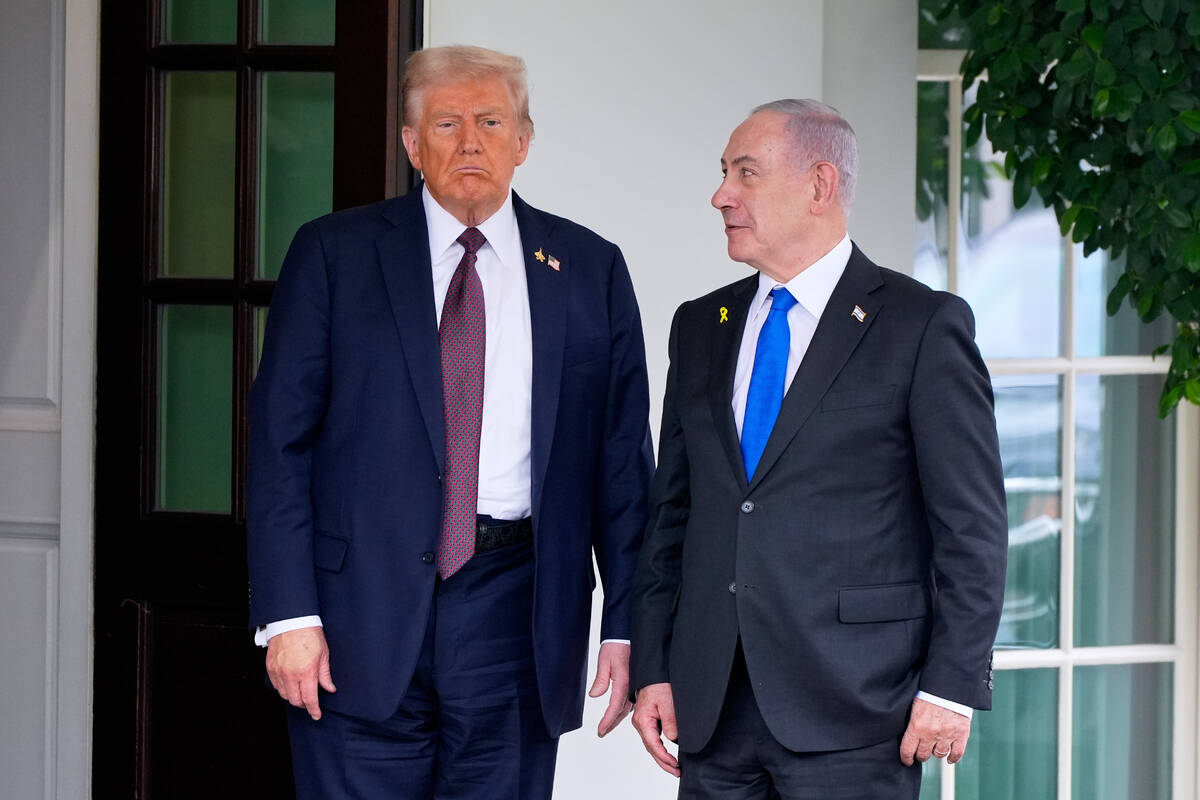 President Donald Trump greets Israeli Prime Minister Benjamin Netanyahu at the West Wing of the ...