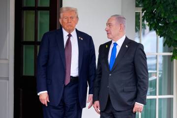 President Donald Trump greets Israeli Prime Minister Benjamin Netanyahu at the West Wing of the ...