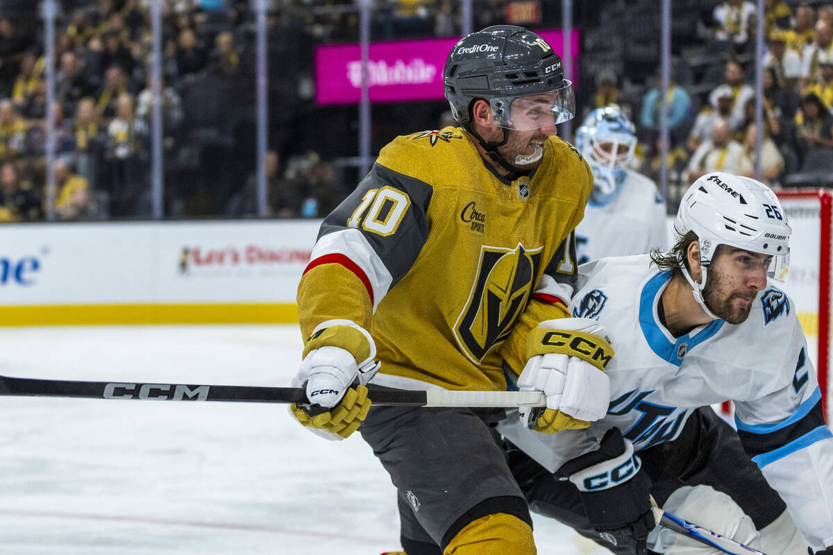 Golden Knights center Colton Sissons (10) looks to the pouch with Utah Mammoth defenseman Dmitr ...