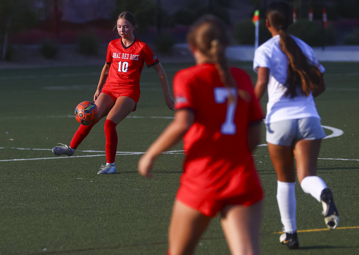 Doral Academy's Chloe Mashore (10) passes the ball during a soccer game against Desert Oas ...
