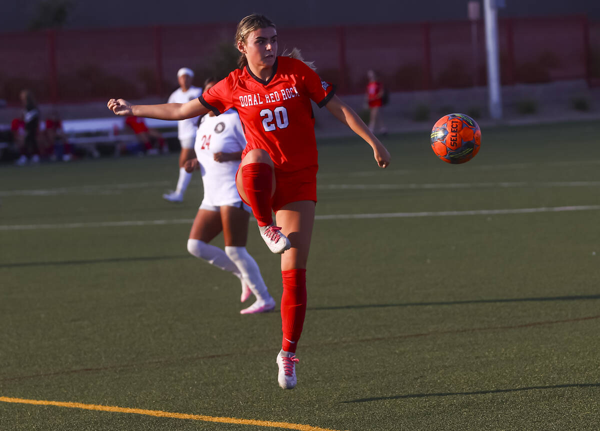 Doral Academy's Gianna Davis (20) kick the ball during a soccer game against Desert Oasis ...