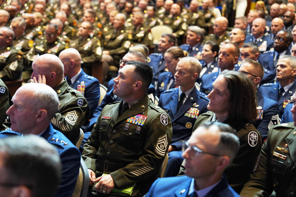 U.S. military senior leadership listen as President Donald Trump speaks at Marine Corps Base Qu ...