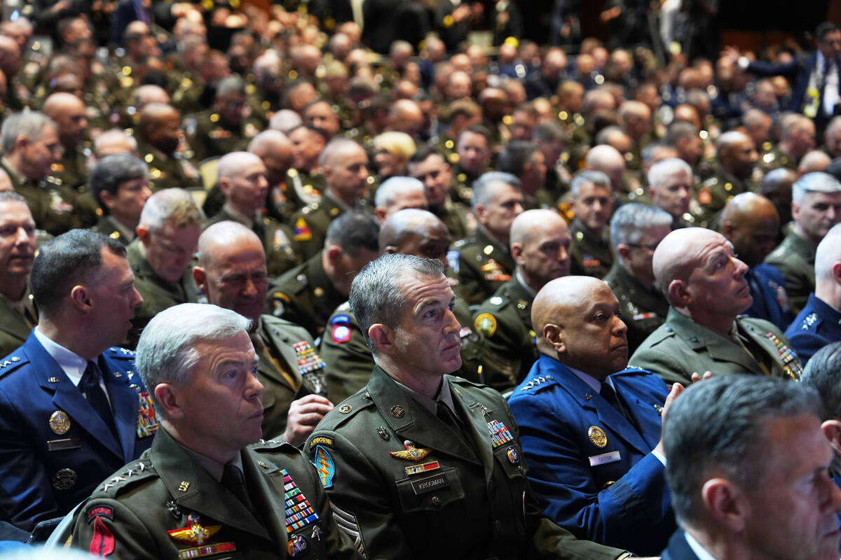 U.S. military senior leadership are seen before President Donald Trump arrives to speaks at Mar ...