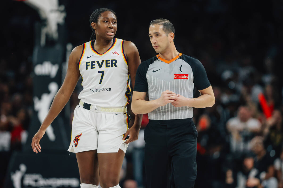Indiana Fever forward Aliyah Boston (7) talks to a referee after a foul was called in her favor ...