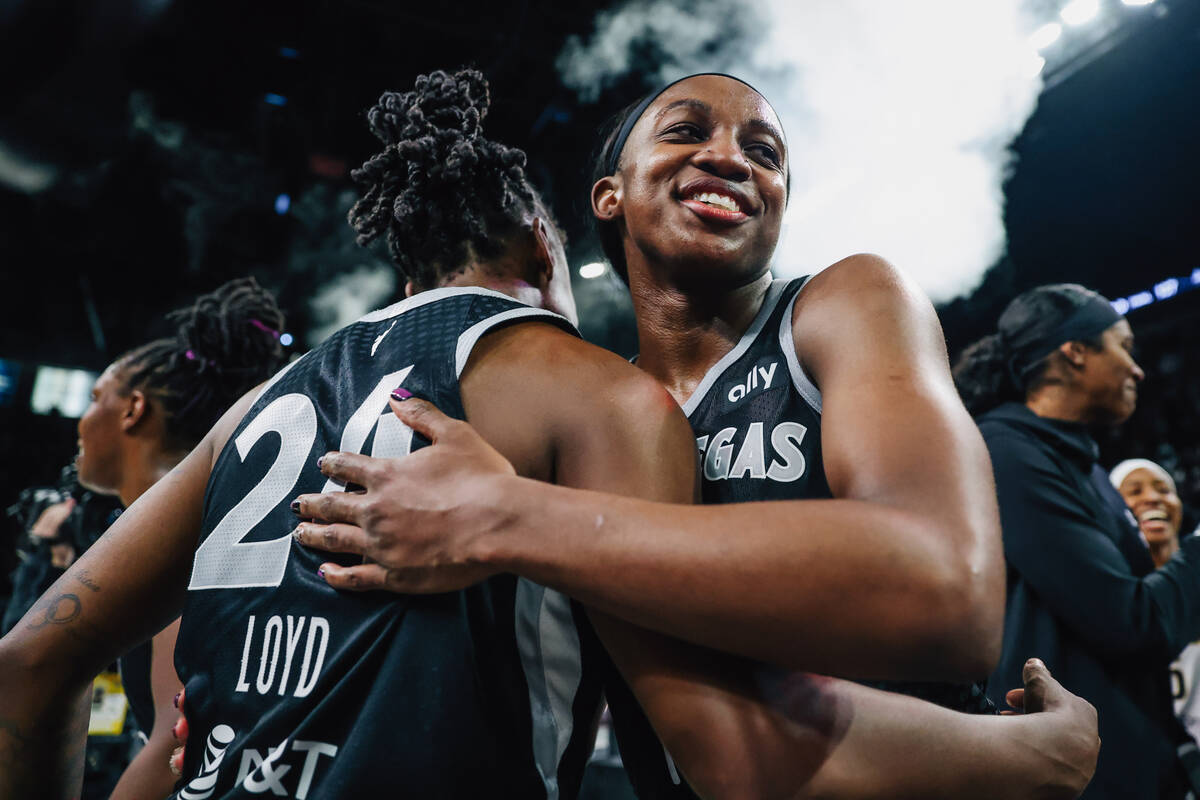 Aces guard Jackie Young (0) celebrates winning game five of a WNBA semifinals series between th ...