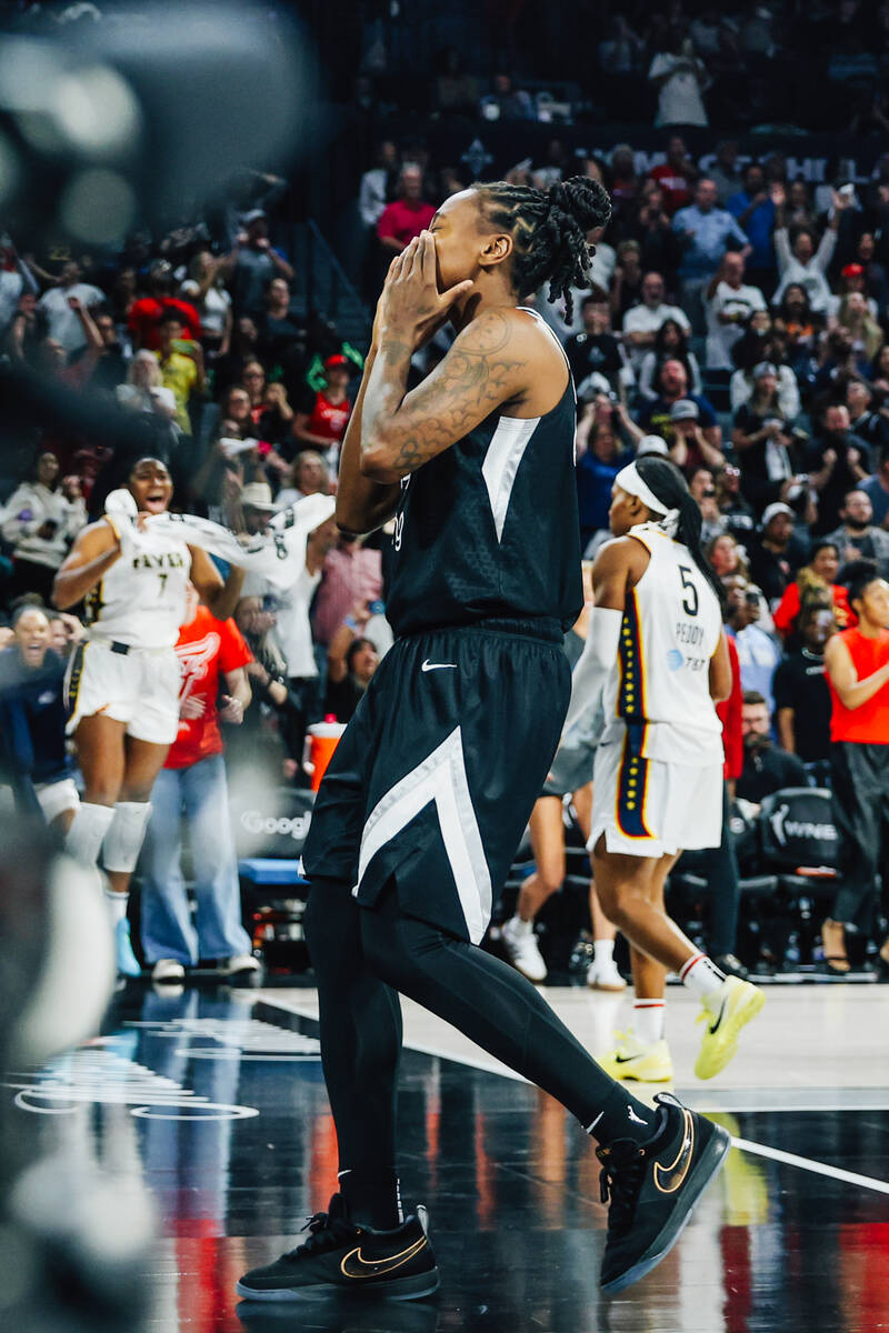 Aces guard Jewell Loyd (24) reacts as the game goes to overtime during game five of a WNBA semi ...