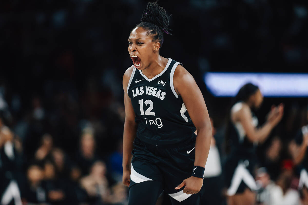 Aces guard Chelsea Gray (12) celebrates during game five of a WNBA semifinals series between th ...