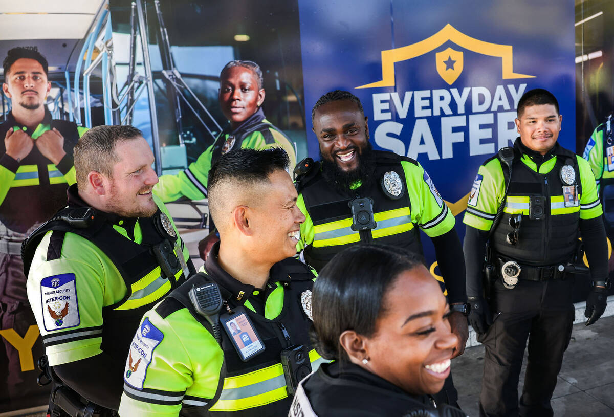 RTC transit security officers talk at the end of a media event hosted by the Regional Transport ...