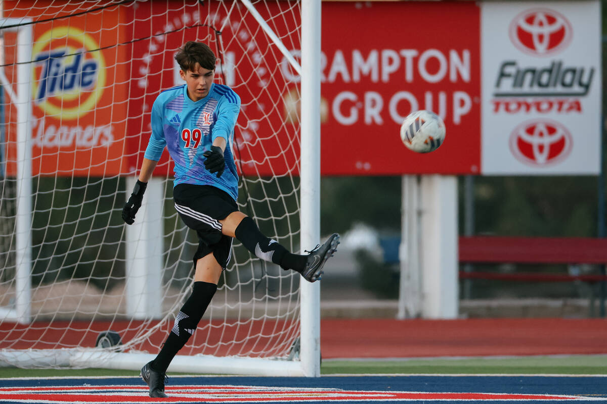 Liberty goalkeeper Oliver Hill (99) dropkicks the ball after making a save during the soccer ga ...