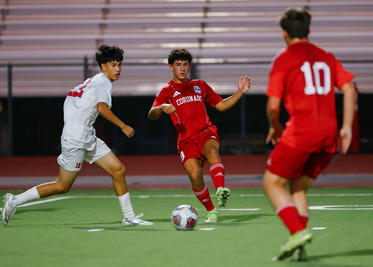 Coronado midfielder Dylan Flores (9) passes to teammate Aiden Sena (10) during the soccer game ...