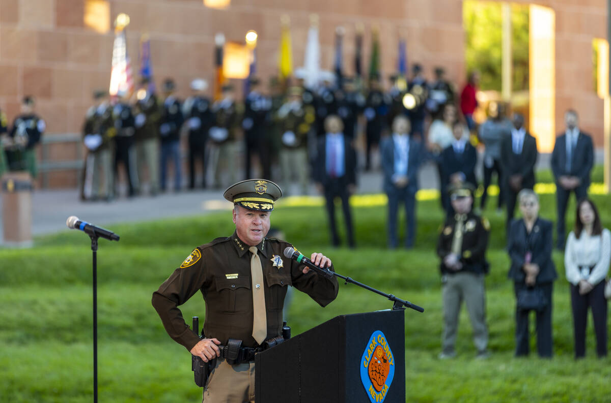 Sheriff Kevin McMahill gives a welcome to all in attendance during the 1 October Sunrise Rememb ...
