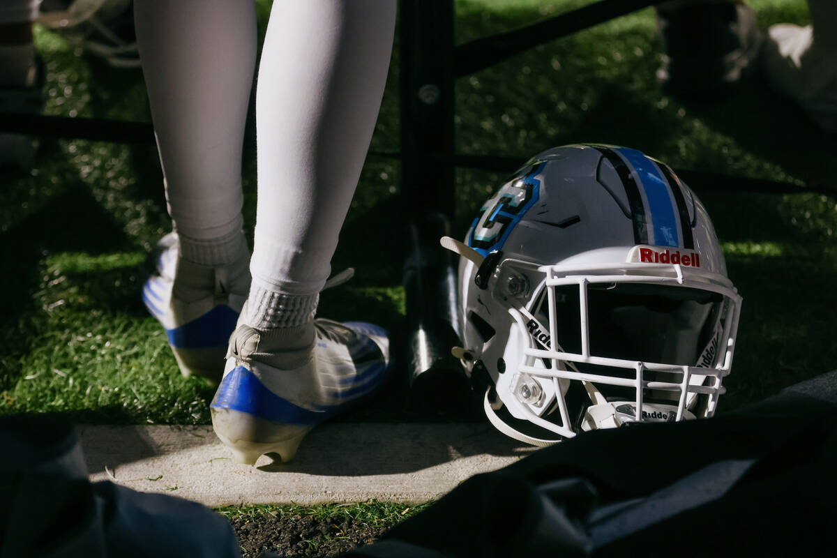 A Sloan Canyon player leans against a bench on the sidelines during a game on Friday, Sept. 26, ...