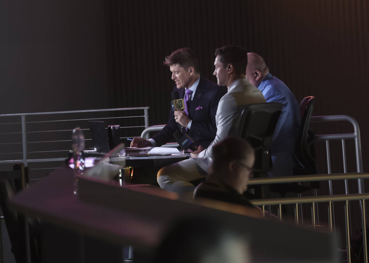 Former Golden Knights player Alec Martinez, center, participates in a pregame broadcast before ...
