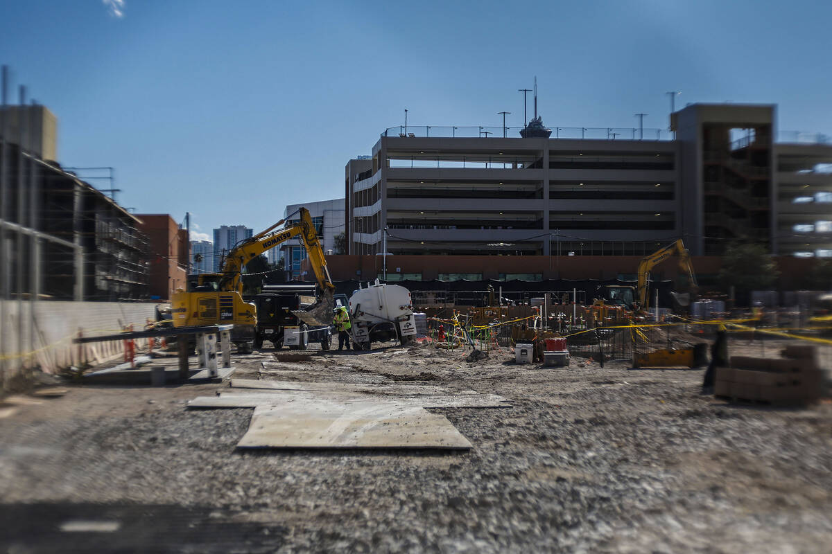 Construction continues at the Las Vegas Academy of the Arts Friday, Oct. 3, 2025 in Las Vegas. ...