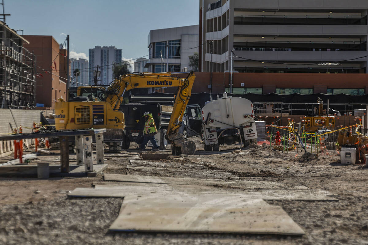 Construction continues at the Las Vegas Academy of the Arts Friday, Oct. 3, 2025 in Las Vegas. ...