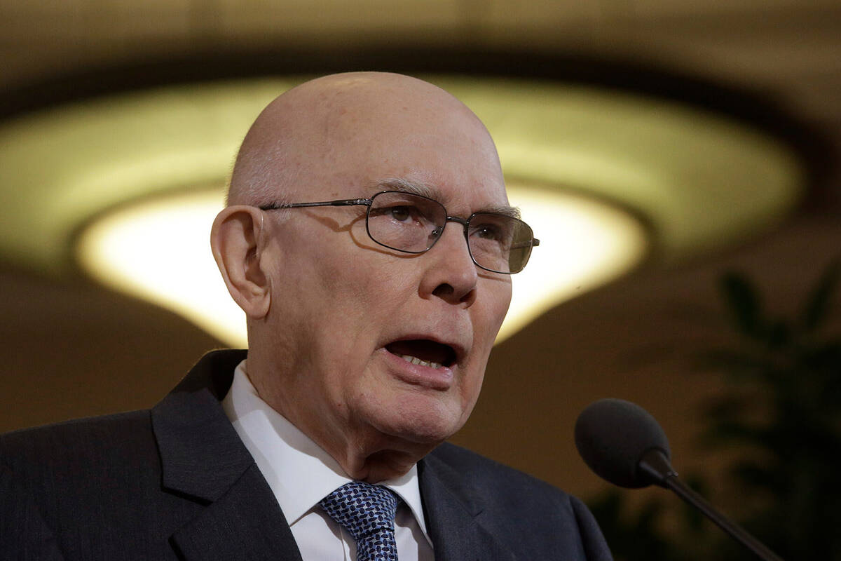 Elder Dallin H. Oaks of the Church's Quorum of the Twelve Apostles speaks during a news confere ...