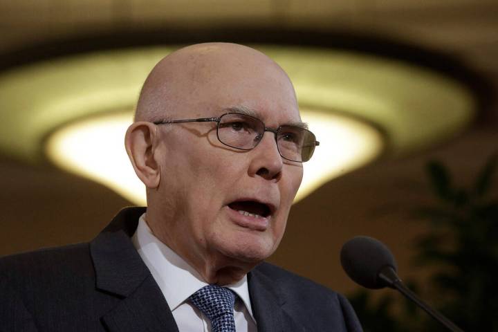 Elder Dallin H. Oaks of the Church's Quorum of the Twelve Apostles speaks during a news confere ...