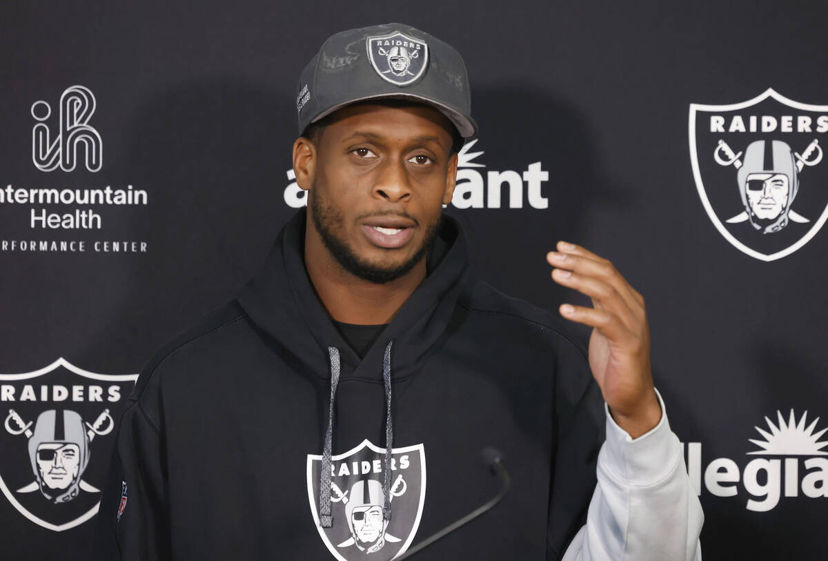 Raiders quarterback Geno Smith speaks during media interviews at the Intermountain Health Perfo ...