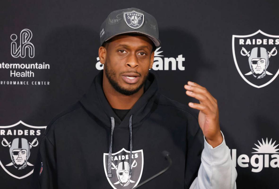 Raiders quarterback Geno Smith speaks during media interviews at the Intermountain Health Perfo ...