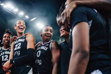 The Aces celebrate winning game five of a WNBA semifinals series between the Aces and Indiana F ...