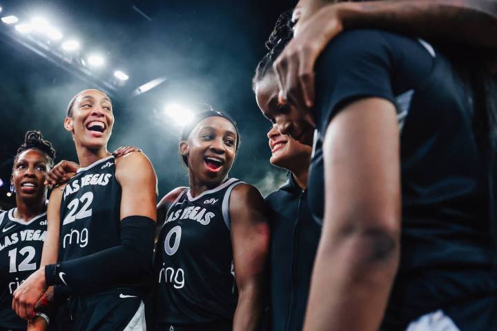 The Aces celebrate winning game five of a WNBA semifinals series between the Aces and Indiana F ...
