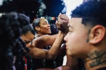 The Aces, including center A'ja Wilson (22), celebrate winning game five of a WNBA semifinals s ...